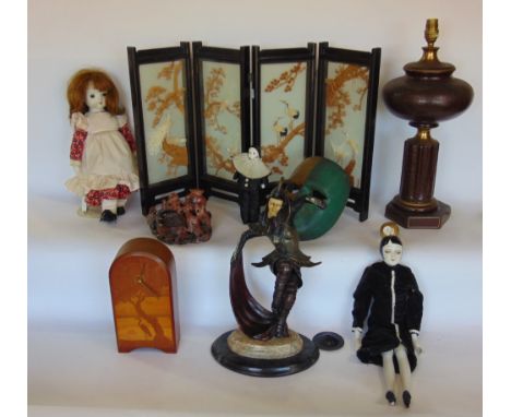 A mixed miscellaneous lot to include a art deco style figure of a dancing lady, an inlaid lancet mantle clock, various dolls 