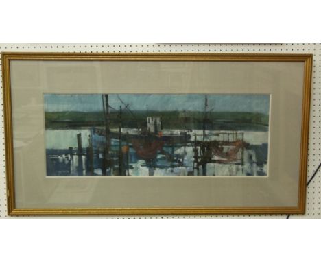 A 20th century pastel and mixed media by Gwilym John Blockley (1921-2002) showing an estuary scene with fishing boats at a qu