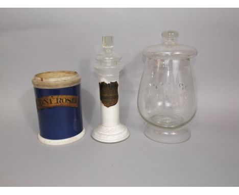 Antique advertising glass apothecary jar for Sweet Lips Floral Lozenge, 33cm high; together with a further lidded glass jar f