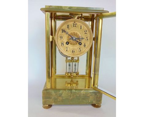 Good marble and brass four glass mantle clock with 10cm gilt two train dial and mercury pendulum, striking on a gong, 30cm hi
