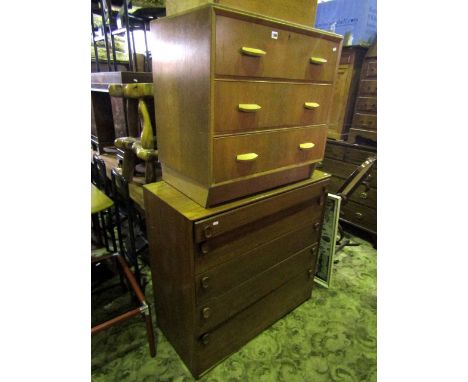 A collection of retro furniture to include a teak chest of five drawers together with a further light oak chest of three draw