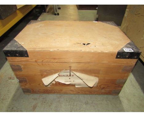A vintage stripped pine portable equine veterinary chest, with hinged lid and segmented removable tray to interior and conten