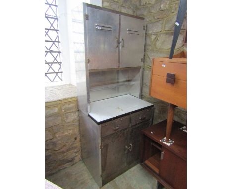 Vintage industrial steel and aluminium dresser, the raised back with twin vented doors over an aluminium surface, two further
