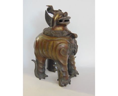 Japanese bronze incense burner in the form of a mythical beast, hinged at the neck, 22cm high