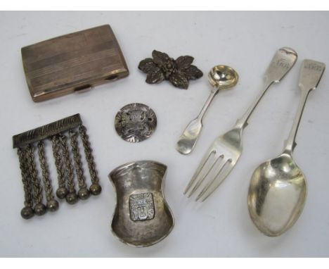 A mixed collection of English sterling and other silver to include a sterling engine turned cigarette case, fork and spoon se