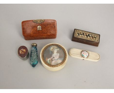 A collection including a burr walnut snuff box with gold mounts; rosewood and bone inlaid snuff box, 19th century ivory and g