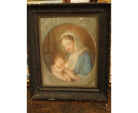 A 19th century pastel of oval form showing a mother and her sleeping child, possibly representing the virgin and child, 35cm 