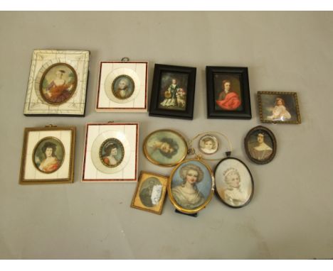 A collection of miniature portraits including three examples in segmented ivory  frames showing ladies and gentlemen includin