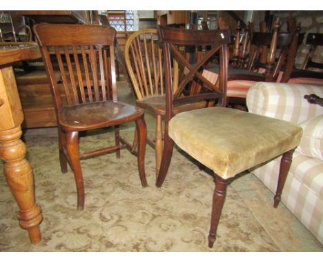 A pair of elm and beechwood hoop and stick back kitchen chairs,  a Regency mahogany dining chair with x framed splat, upholst