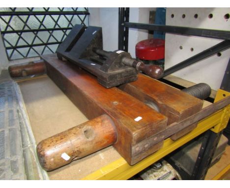 Two large vintage probably 19th century wooden screw woodworking clamps of varying design, one simply stamped C Scott