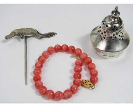 A mixed lot comprising a silver stick pin in the form of a platypus, a coral bead bracelet, four wristwatches and a small qua