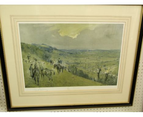 A signed coloured print after Lionel Edwards of a hunting scene at Charkley Farm, signed bottom left, published by Eyre & Spo