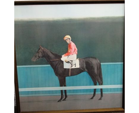 A coloured print after Bryan Organ showing Lester Piggott, with label verso and biographical details of the artist, 66 x 66 c