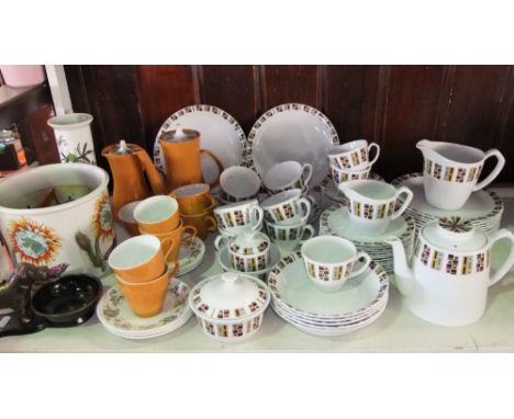 A collection of Poole pottery coffee wares with orange and black border detail comprising coffee pot, hot water jug, sugar bo