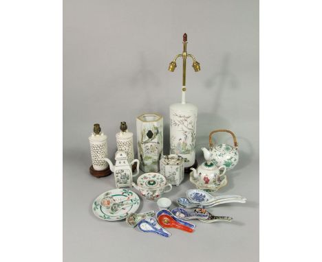 A collection of reproduction oriental ceramics including a cylindrical lamp base with painted female character and garden det