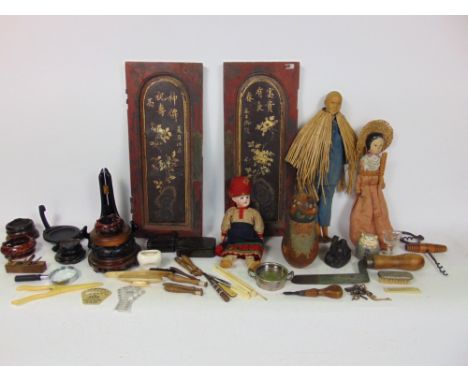 A box containing a collection of miscellaneous items to include eastern dolls, various sewing tools and boxes, two Chinese pa