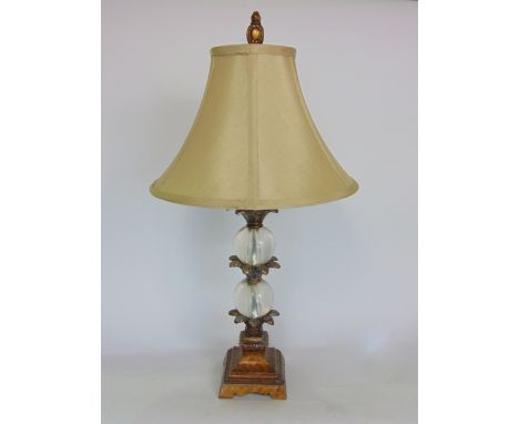 Good quality scrambled wood glass and cast metal table lamp in the form of a palm upon a stepped square base with shade, 60cm