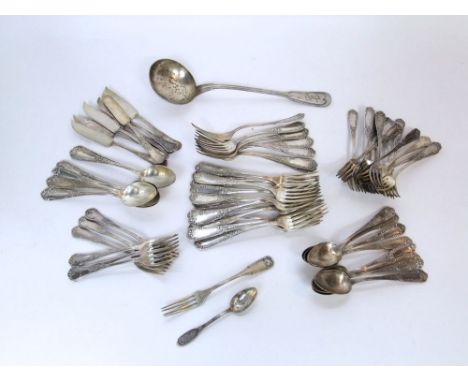 Collection of continental silver plated flatware with embossed fancy handles, together with a further silver plated soup ladl