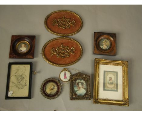 A collection of 19th century and later miniature portraits including circular example showing a bust length study of a young 