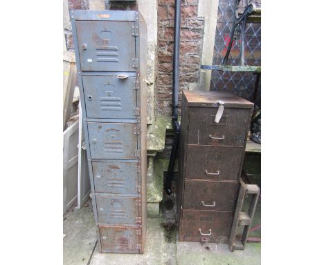 A vintage four drawer steel filing cabinet together with a further light steel storage locker enclosed by six partially louvr