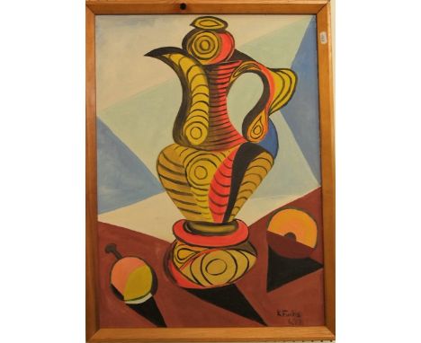 A 20th century oil painting on canvas in the cubist manner showing a ewer and fruit, signed bottom right K Fuchs, dated 73, w