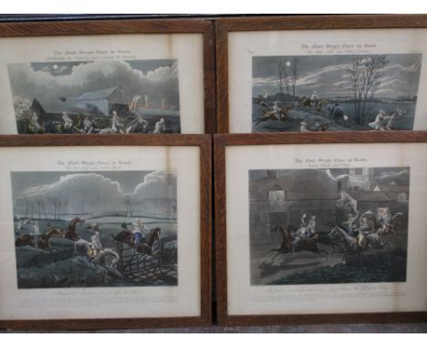 A set of four early Victorian coloured engravings after J Harris - The First Steeple-Chace, 40x48 cm in oak frames, together 