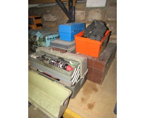 A vintage wooden tool box and contents together with three further contemporary examples and tools therein