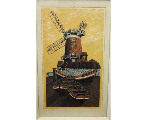A 20th century signed coloured limited edition screen type print of a windmill and fishing boat, signed bottom left Gillick, 