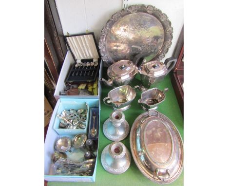 A mixed collection of silver plate to include an art deco type tea service, entree dish, circular salver, silver plate and le