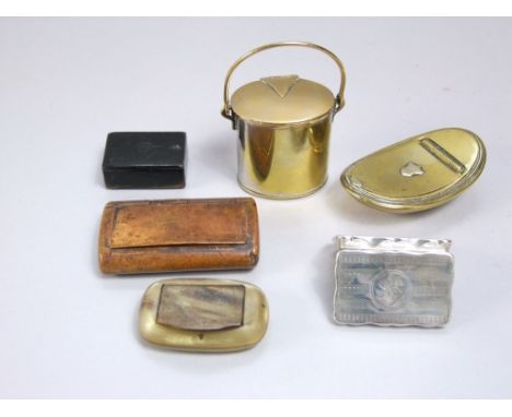 A silver snuff box with engine turned decoration, four further examples in brass, horn, paper mache and burr timber, together