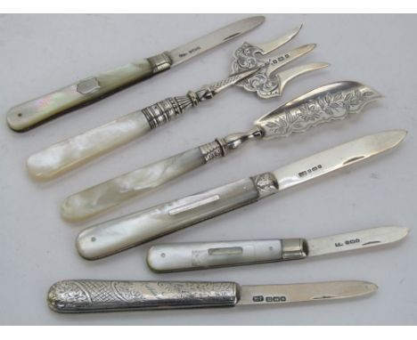 Four various silver fruit knives, three with pearl handles together with a further pearl handled silver fork and knife set (6