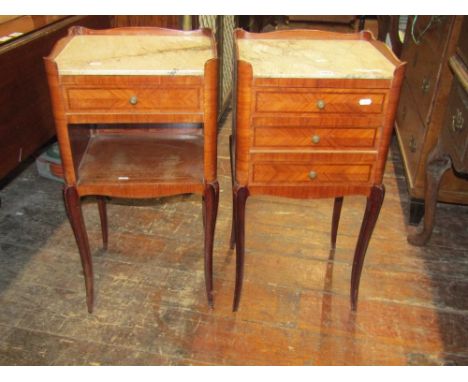 A pair of continental bedside or lamp tables, one fitted with three frieze drawers, the other with a single drawer and open a