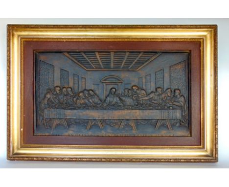 Relief cast bronze plaque of the Last Supper, above text, 37 x 70 cm, framed