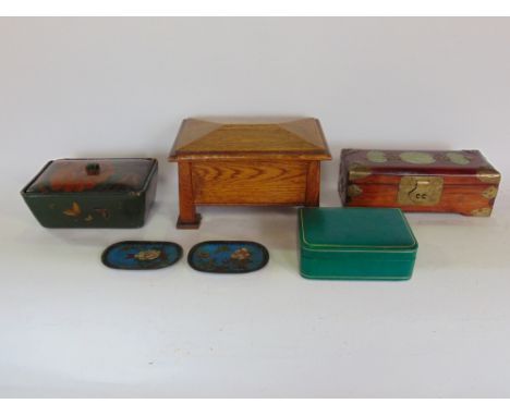 A collection of boxes to include an eastern hard wood box with jade type floral medallions to lid, further eastern lacquered 