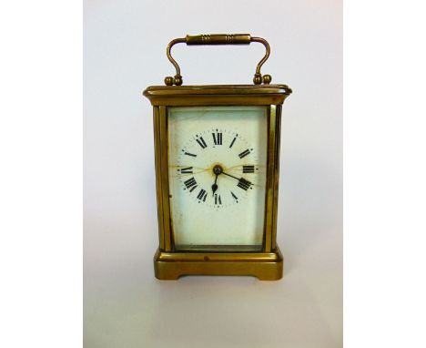 French brass carriage clock, square enamel face and Roman numerals, 11cm high (AF)