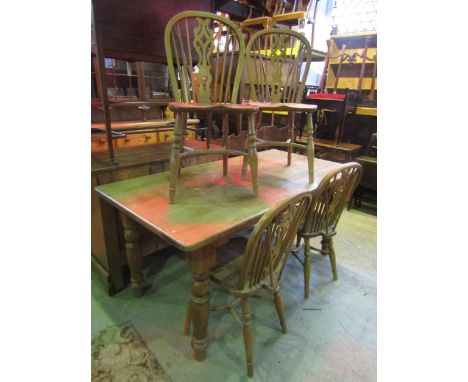 A Victorian style oak farmhouse kitchen table of rectangular form raised on four turned supports, 168 cm x 83 cm approx, toge