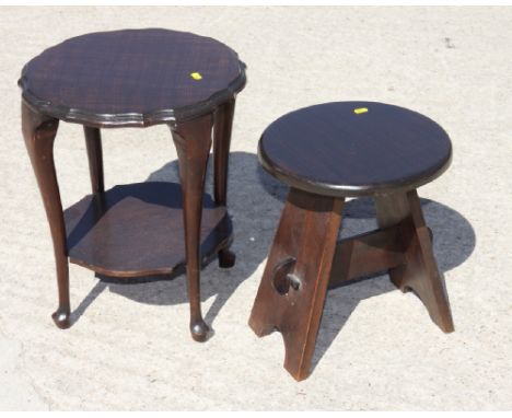 A Georgian design wine table, a two-tier occasional table and a circular wooden stool with through tenon stretcher