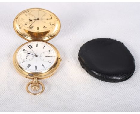 An 18ct gold cased full hunter combined pocket watch/stopwatch with white enamel dial and two subsidiary dials by Spiridon & 