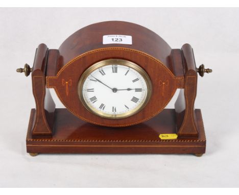 An Edwardian mantel clock by Buren in mahogany case with decorative stringing, white enamel dial, 10" wide