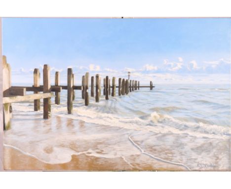 K S Y Keable: oil painting, sea shore with wooden jetty entitled "Paddling", 20" x 30", in box frame