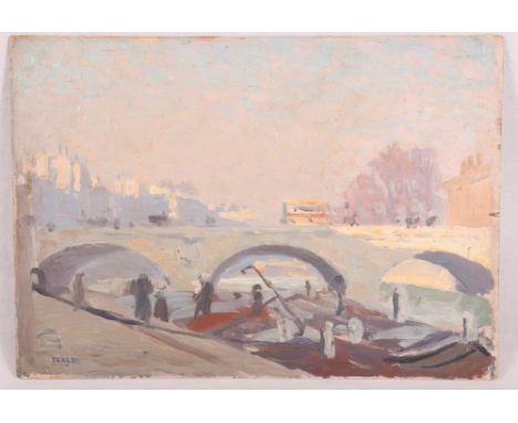 Ascanio Tealdi: oil on hardwood panel, "Pont St Michel ... 1911", 10 1/2" x 14 3/4", unframed