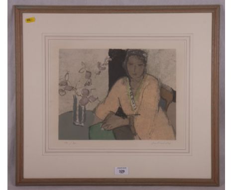 A signed limited edition lithograph, girl in the manner of Modigliani, 92/200, in strip frame