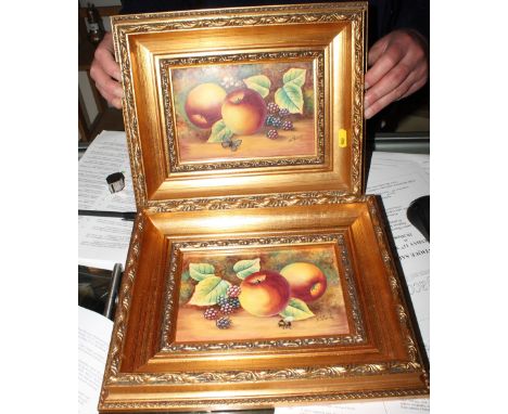 Two Indonesian ceramic plaques with fruit decoration signed J Skerrett, 5" x 7 1/2", in gilt frames