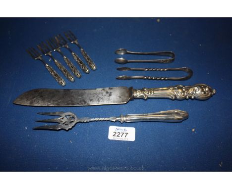 Five Silver Cake Forks, Bread Knife, Epns Bread Fork and plated tongs