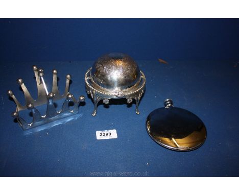 A white metal Toast Rack in shape of Coronet, plus hip flask and domed butter dish.