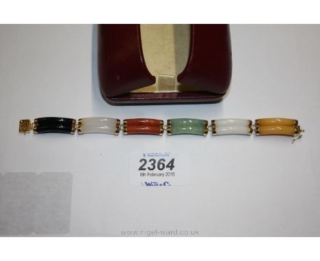 A Jade multi-coloured elongated Bead Bracelet, the clasp marked 585/14K
