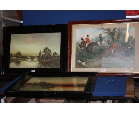 Three framed Prints including ''Full Cry'' hunting scene, Cattle grazing on a river bank with sailing barge by a stone bridge