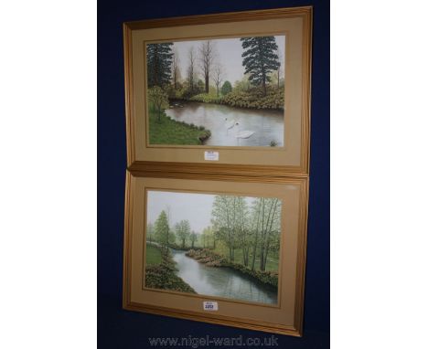 A pair of framed and mounted Watercolours of river landscapes by Hilda Watkins, 'Swans and Ducks at Eardisland' and 'River at