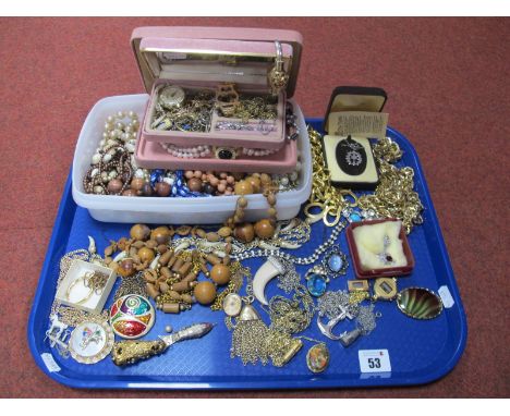 Assorted Costume Jewellery, including gilt metal chains, pendants, vintage bangle watch, fruit pit necklace, imitation pearls