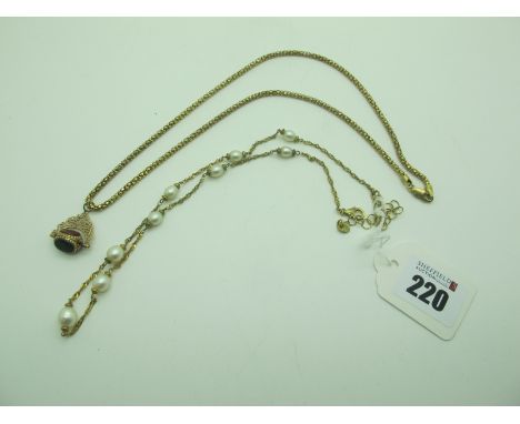 A 9ct Gold Swivel Fob Pendant, on fancy link gilt chain stamped "925"; together with a Honora freshwater pearl bead and chain